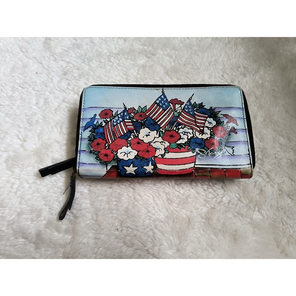 Artistic Expressions By Sharif Handpainted American Flags Flowers Wallet Zip